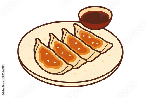 Dumplings served with dipping sauce on a plate in a simple and casual dining setting