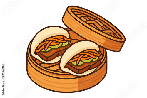 Steamed bun with meat and noodles served in a bamboo basket on a wooden table
