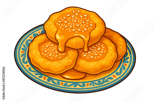 Freshly made sweet treats on a colorful plate with dripping syrup during a festive gathering at a local market