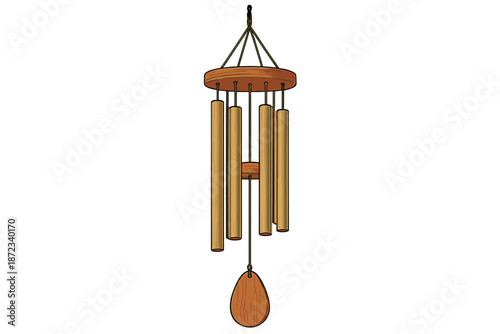 Wooden wind chime hanging in a sunny garden setting during the afternoon with gentle breezes creating soft sounds