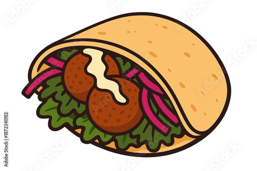 Delicious falafel wrap with fresh vegetables and sauce ready to be enjoyed at a street food stall