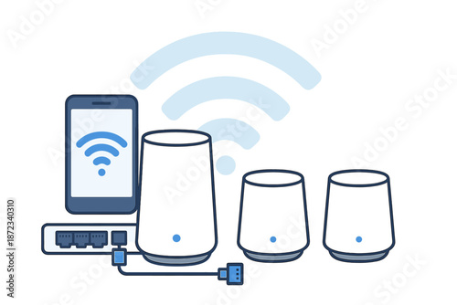 Smart home network setup with multiple devices and a smartphone indicating connection status at a tech workspace