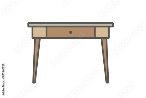 Simple wooden table with one drawer and four legs shown from the front in a flat design style