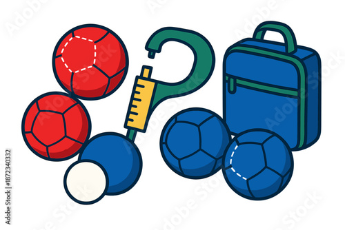 Different colored balls and accessories used in sports activity on a plain background with a backpack for carrying items