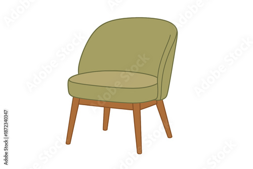 Simple green chair with wooden legs sits on a white background designed for use in home or office settings