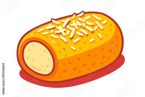 Snack with yellow coating and cheese filling on red plate in simple style