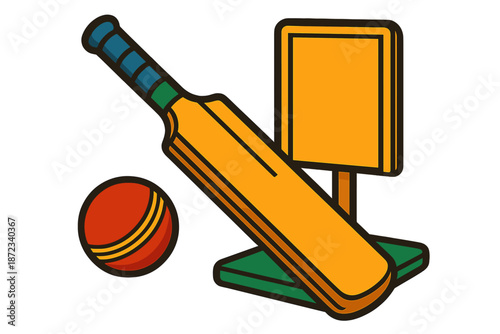 Cricket bat, ball, and stumps resting on a green surface ready for a game at a local park during sunny daytime