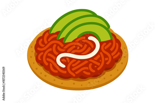 Creative food art showing a dish with noodles, sauce, and avocado on a plate