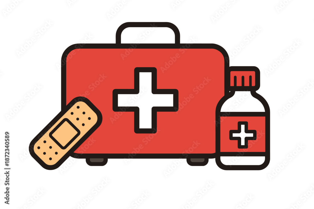 Fototapeta premium First aid kit with medical supplies including a bandage and medicine bottle for emergency situations