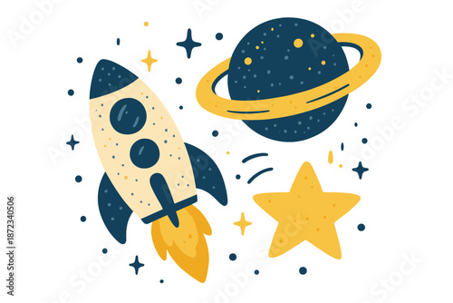 Rocket travels through space with planet and stars in the background during a colorful celestial scene