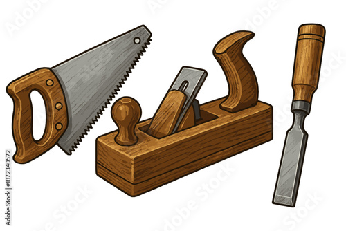 In a workshop, tools such as a saw, a plane, and a chisel are arranged for woodworking tasks
