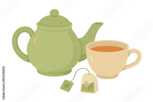 Green teapot with cup and tea bag on a simple background during afternoon tea time