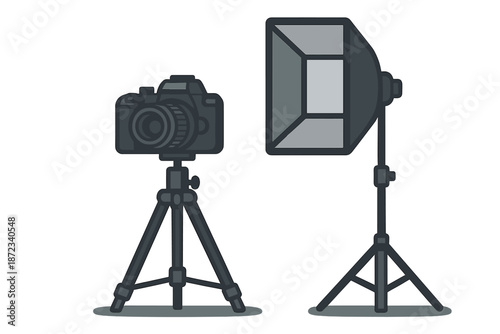 Camera and light setup for a photography session in a studio during the day