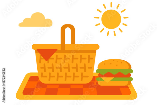 Picnic basket and hamburger on a blanket under the sun with clouds