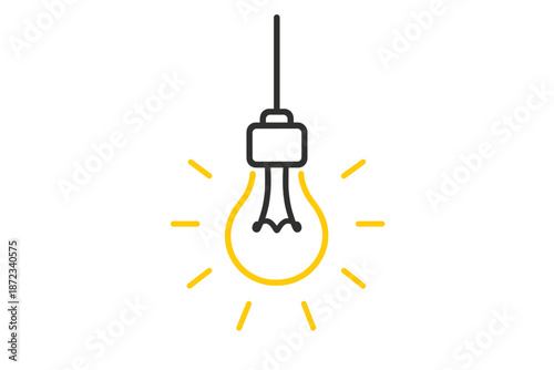 Light bulb on a string with yellow rays shining around in a simple style
