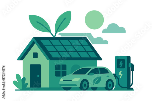House with solar panels and electric car charging at home in a sunny environment during daytime
