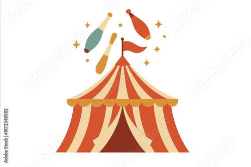 Circus tent with juggling pins floating above in a colorful design during a festival event