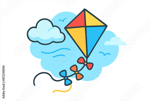 Colorful kite flies in the blue sky among clouds and birds during the day