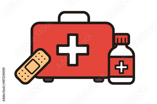 First aid kit with medical supplies including a bandage and medicine bottle for emergency situations