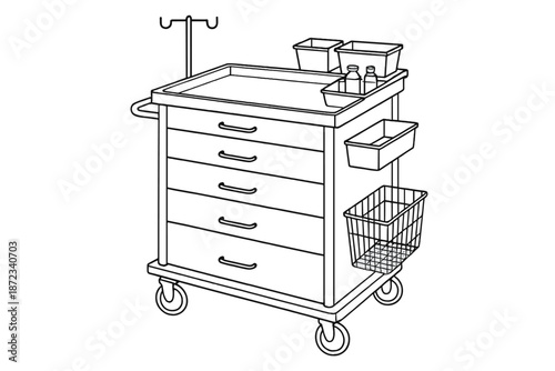 Medical cart with drawers and containers used for patient care in a hospital setting