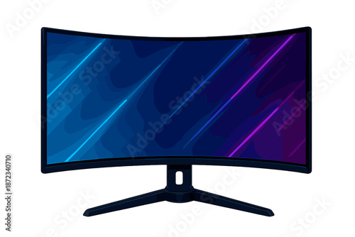 Curved computer monitor with blue and purple lighting displaying abstract patterns