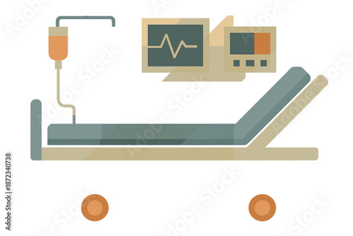 Hospital bed with IV drip and monitor is ready for patient care and recovery in medical facility