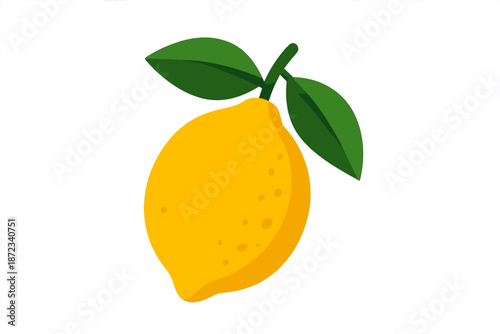 Yellow lemon with green leaves hanging from a branch in a simple design