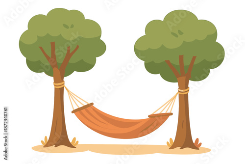 Hammock hanging between two trees in a sunny outdoor space during daytime