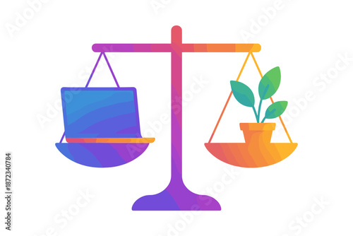 Balance between technology and nature with laptop and plant on scale in bright colors