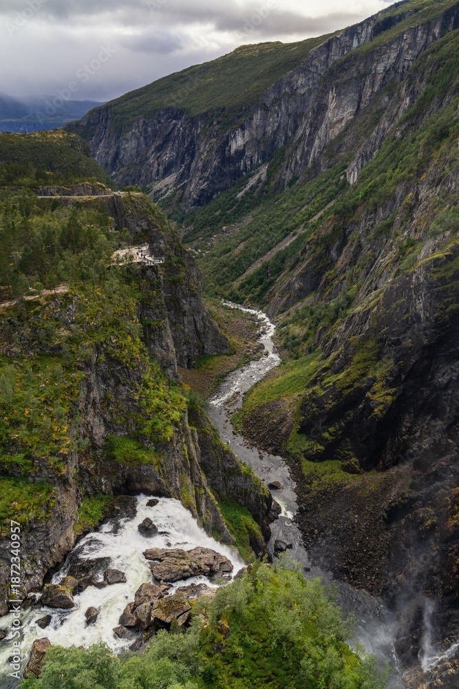 Obraz premium view of the Mabodalen Valley and the top of the Voringsfossen Waterfall near Fossli in Vestland County