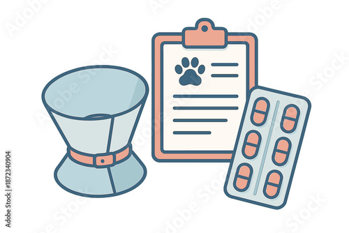 Veterinary supplies including collar, chart, and medication for pet care and health management