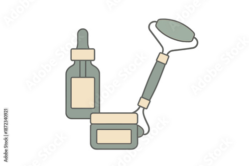 Various skincare products arranged in a simple design with a bottle, dropper, and roller present in a minimal style