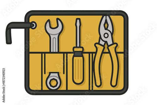 Toolbox with basic tools including a wrench, screwdriver, and pliers for manual work and repairs