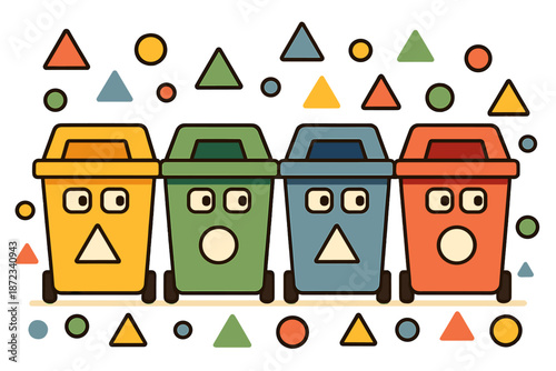 Colorful recycling bins with faces and shapes in a playful design for waste management