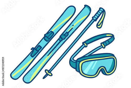 Ski equipment including skis, poles, and goggles laid out on a flat surface for preparation before winter sports activities