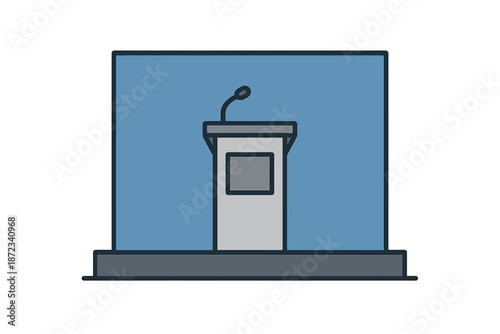 Podium on stage with microphone set for speech during public event in indoor venue