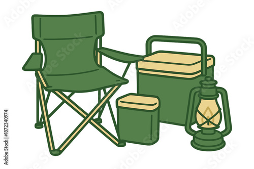Green camping chair, cooler, storage box, and lantern arranged in outdoor scene for camping activities during the day