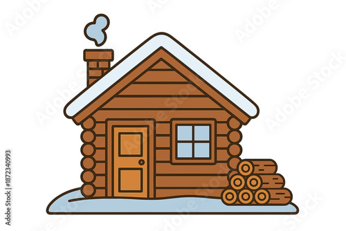 Cabin with snow on roof and stacked logs beside door during winter season in a forest area near mountain