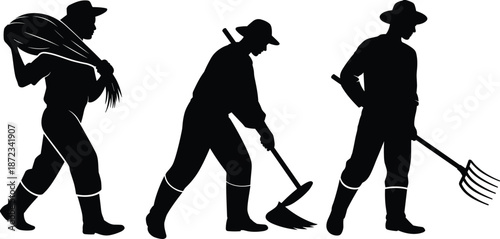 Farm worker silhouettes set, farmers using rake hoe shovel, agriculture labor poses collection, countryside harvest, isolated black vector