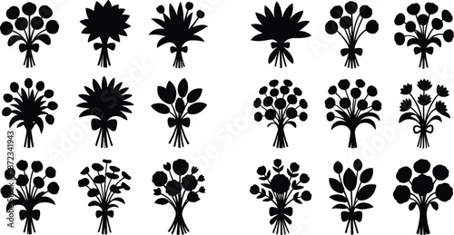 Flower bouquet silhouettes set, floral arrangement collection, wedding decoration, romantic botanical design, isolated black vector icons bundle