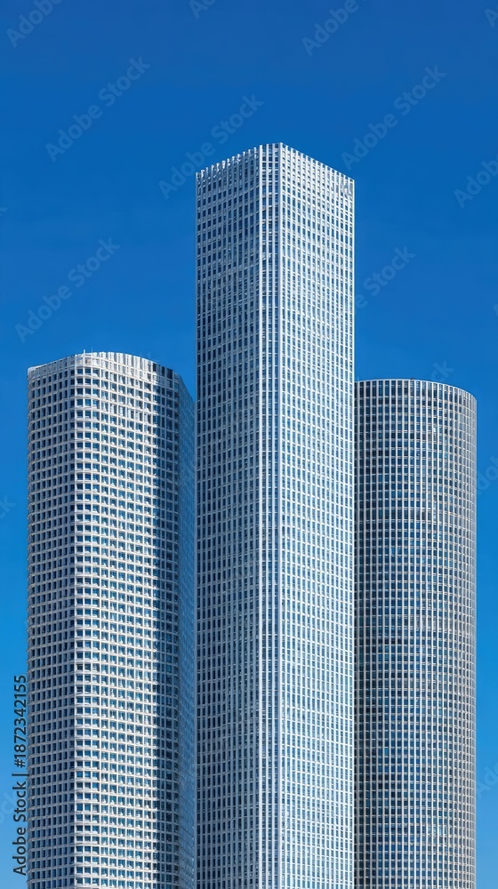 Fototapeta premium Three modern skyscrapers of varying shapes ascend against a clear, vibrant blue sky