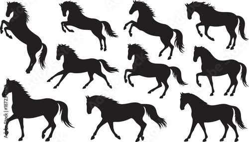 Collection of black horse silhouettes showing various dynamic running poses on transparent background