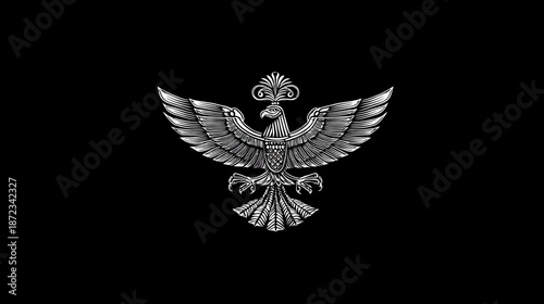 Regal silver stylized eagle symbol with spread wings and crown-like crest on a dark black background, representing strength and power.