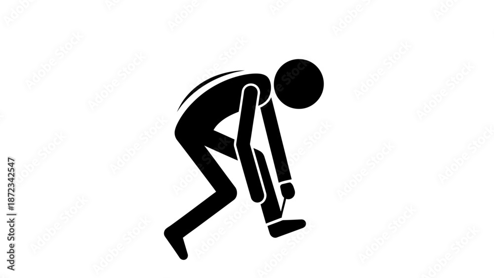 Fototapeta premium Simple black stick figure character bending down, tying a shoe or picking something up, isolated white background.