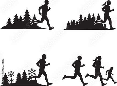 Silhouettes of runners in various poses against a forest backdrop, showcasing athleticism and movement from different viewpoints.