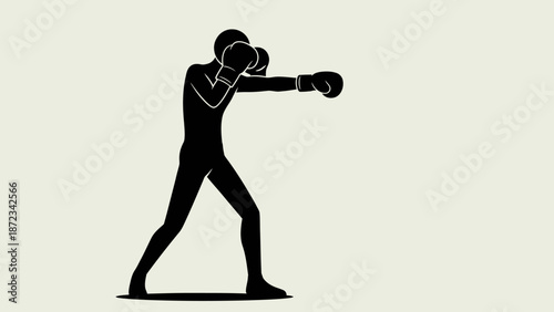 Silhouette of a male stick figure character boxing with gloves in a dynamic pose, in bright studio.