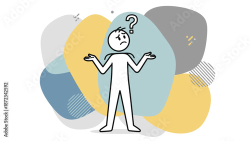 Confused Stick Figure Man Shrugging Shoulders with Question Mark and Abstract Background