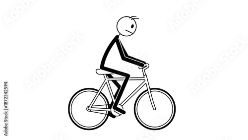 Stick Figure Person Riding a Bicycle with Determined Expression, Isolated White Background