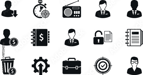 Business management icon set featuring financial analytics human resources security protocols productivity tools marketing strategy and professional corporate workflow symbol collection