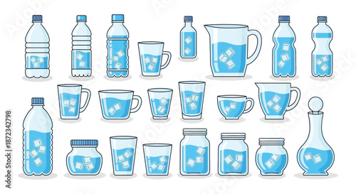 Collection of water containers bottles glasses pitchers and jars illustrated